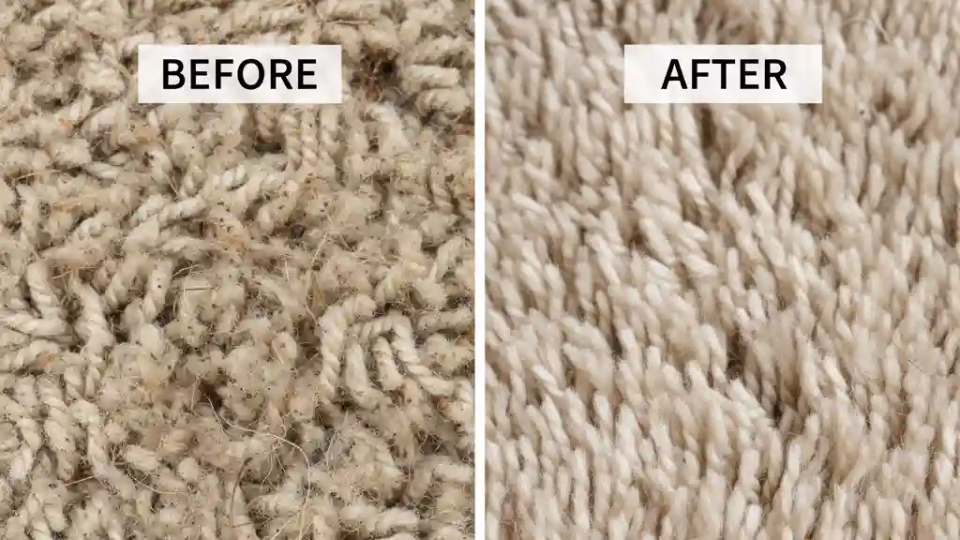 Comparison of dirty carpet fibers versus clean carpet after steam cleaning