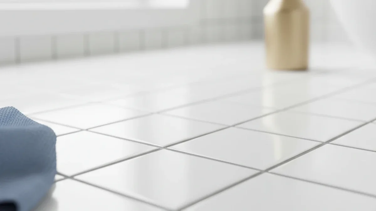 Close-up of pristine white bathroom tile grout lines, completely free of mould and perfectly clean