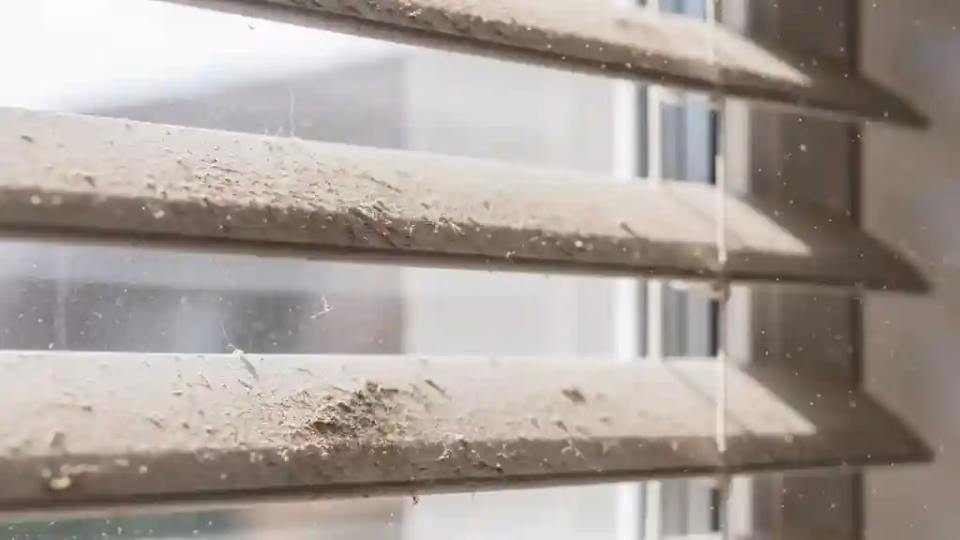 Dusty venetian blinds before cleaning showing accumulated grime