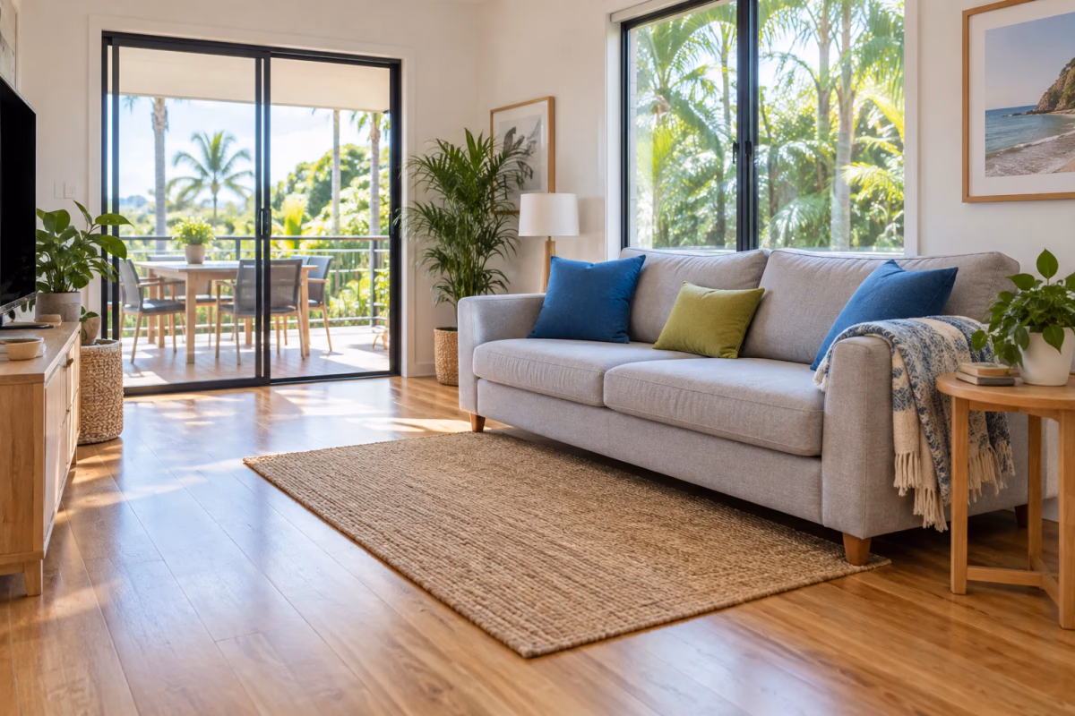 A freshly cleaned living room with clear floors and natural light