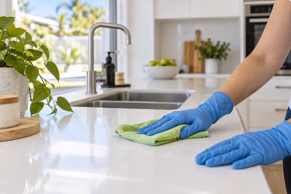 Blue-gloved hands wiping a kitchen benchtop with a green microfibre cloth