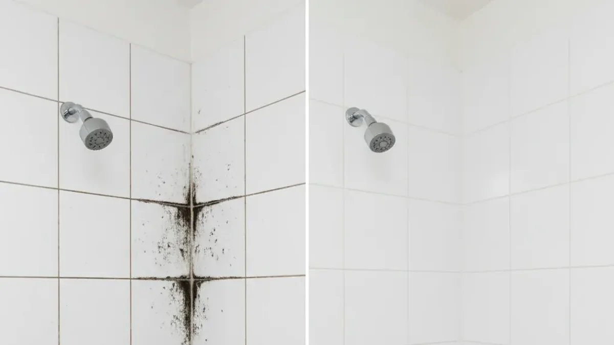 Side-by-side comparison of cleaned shower cubicle showing professional bond cleaning results