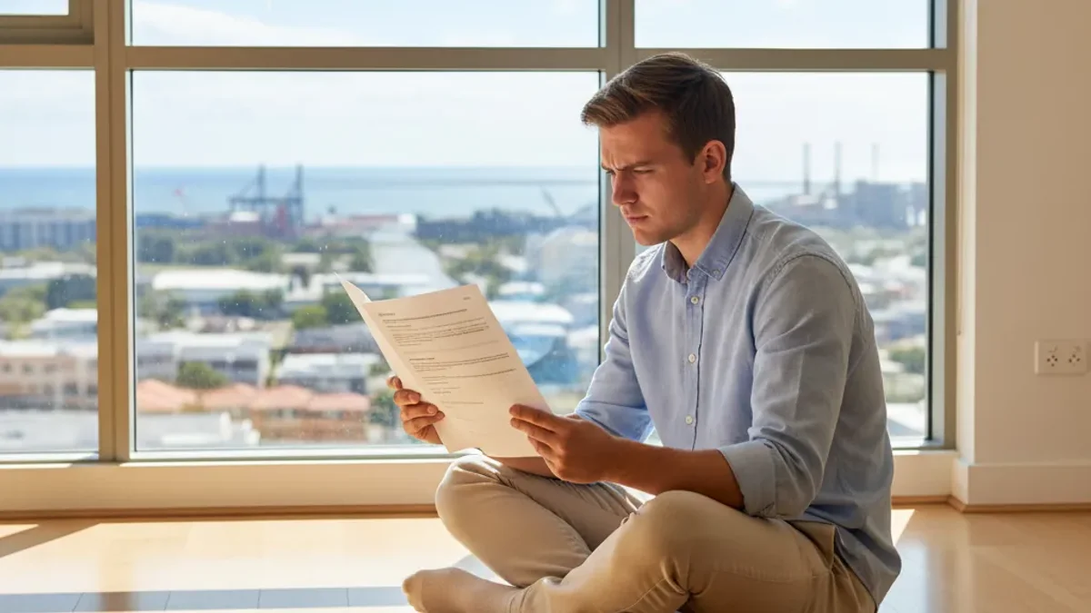 First-time renter reading rental lease agreement document in empty apartment during move-out