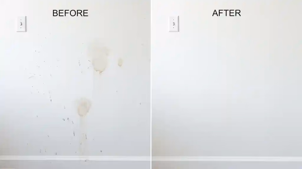 Close-up of clean white walls showing before and after comparison of wall washing